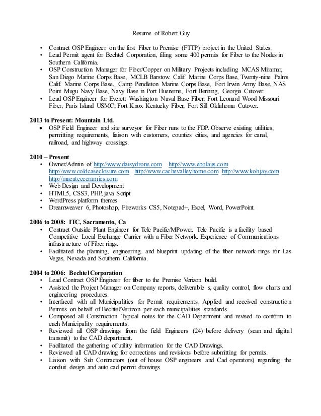 resume of robert guy contract osp engineer on the first fiber to premise fttp - Osp Design Engineer Sample Resume resume of robert guy contract osp engineer on the first fiber to premise fttp - Osp Design Engineer Sample Resume