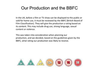 Our Production and the BBFC

In the UK, before a film or TV show can be displayed to the public or
sold for home use, it must be reviewed by the BBFC (British Board of
Film Classification). They will give the production a rating based on
its content. This may include drug use, strong language, sexual
content or violence.

This was taken into consideration when planning our
production, and we decided, based on the guidelines given by the
BBFC, what rating our production was likely to receive.
 