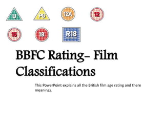 BBFC Rating- Film
Classifications
This PowerPoint explains all the British film age rating and there
meanings.
 