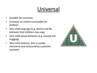 Universal
• Suitable for everyone
• Contains no content unsuitable for
children
• Very mild language (e.g. damn) and No
behavior that children may copy
• Very mild sexual behavior (e.g. kissing and
hugging)
• Very mild violence, this is usually
overcome and reassured by a positive
outcome
 