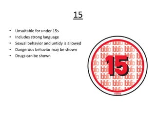 15
• Unsuitable for under 15s
• Includes strong language
• Sexual behavior and untidy is allowed
• Dangerous behavior may be shown
• Drugs can be shown
 