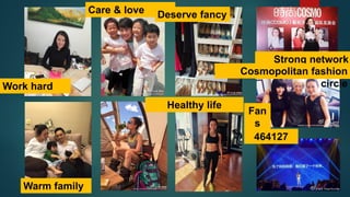 Work hard
Warm family
Strong network
withCosmopolitan fashion
circle
Healthy life
Fan
s
gala464127
Care & love Deserve fancy
 
