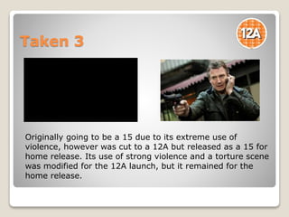 Taken 3
Originally going to be a 15 due to its extreme use of
violence, however was cut to a 12A but released as a 15 for
home release. Its use of strong violence and a torture scene
was modified for the 12A launch, but it remained for the
home release.
 