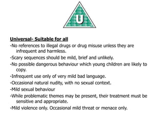 Universal- Suitable for all
-No references to illegal drugs or drug misuse unless they are
   infrequent and harmless.
-Sc...
