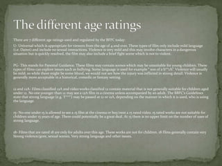 There are 7 different age ratings used and regulated by the BFFC today: 
U- Universal which is appropriate for viewers from the age of 4 and over. These types of film only include mild language 
(i.e. Damn) and include no sexual interactions. Violence is very mild and this may involve characters in a dangerous 
situation but is quickly resolved, the film may also include a brief fight scene which is not to violent. 
PG- This stands for Parental Guidance. These films may contain scenes which may be unsuitable for young children. These 
types of films can explore issues such as bullying. Some language is used for example “ son of a b**ch”. Violence will usually 
be mild. so while there might be some blood, we would not see how the injury was inflicted in strong detail. Violence is 
generally more acceptable in a historical, comedic or fantasy setting. 
12 and 12A- Films classified 12A and video works classified 12 contain material that is not generally suitable for children aged 
under 12. No one younger than 12 may see a 12A film in a cinema unless accompanied by an adult. The BBFC's Guidelines 
state that strong language (e.g. 'f***') may be passed at 12 or 12A, depending on the manner in which it is used, who is using 
the language. 
15- No-one under 15 is allowed to see a 15 film at the cinema or buy/rent a 15 rated video. 15 rated works are not suitable for 
children under 15 years of age. There could potentially be a great deal. At 15 there is no upper limit on the number of uses of 
strong language. 
18- Films that are rated 18 are only for adults over this age. These works are not for children. 18 films generally contain very 
Strong violence/gore, sexual scenes, Very strong language and other issues. 
 