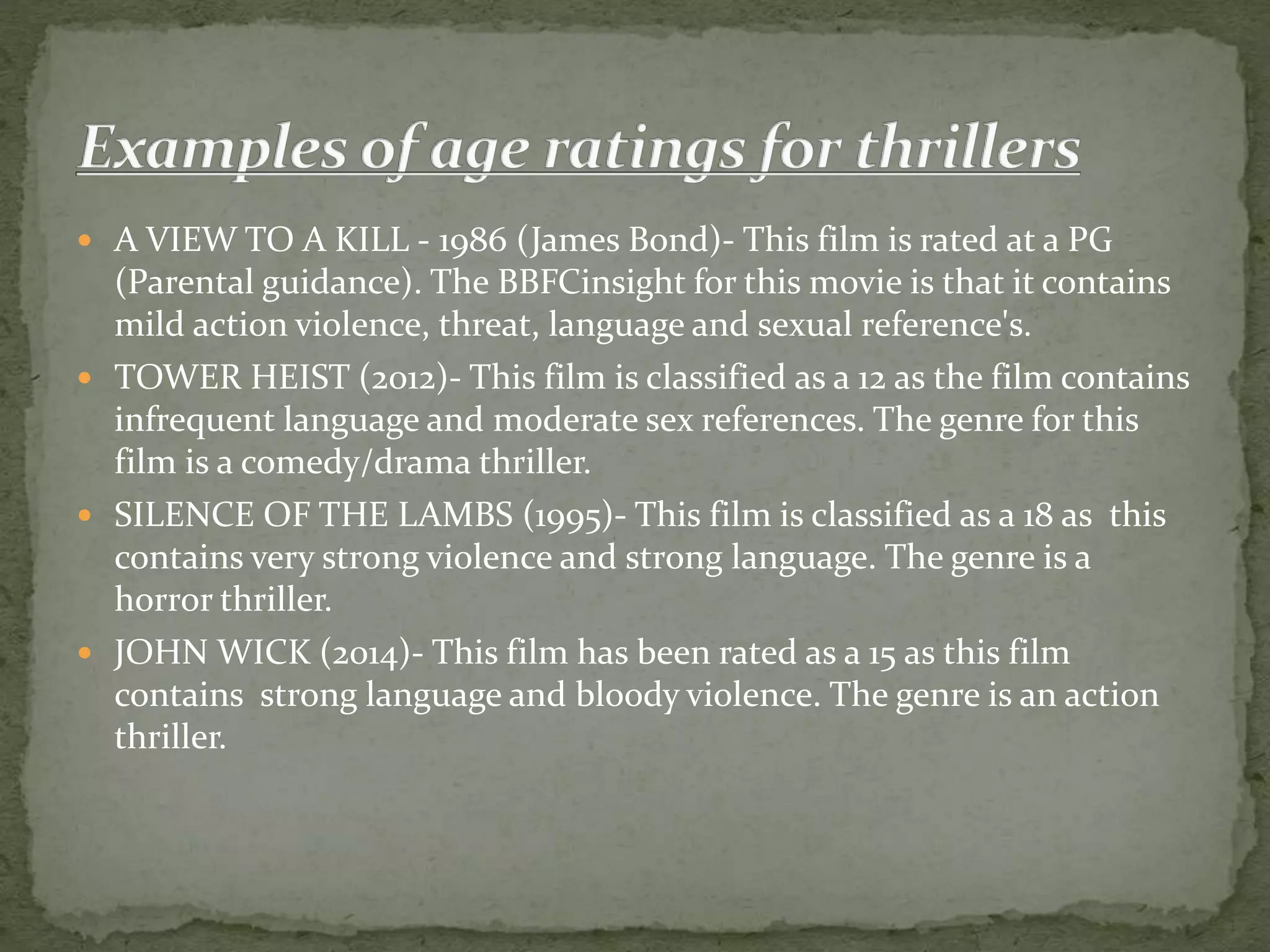  A VIEW TO A KILL - 1986 (James Bond)- This film is rated at a PG 
(Parental guidance). The BBFCinsight for this movie is that it contains 
mild action violence, threat, language and sexual reference's. 
 TOWER HEIST (2012)- This film is classified as a 12 as the film contains 
infrequent language and moderate sex references. The genre for this 
film is a comedy/drama thriller. 
 SILENCE OF THE LAMBS (1995)- This film is classified as a 18 as this 
contains very strong violence and strong language. The genre is a 
horror thriller. 
 JOHN WICK (2014)- This film has been rated as a 15 as this film 
contains strong language and bloody violence. The genre is an action 
thriller. 

