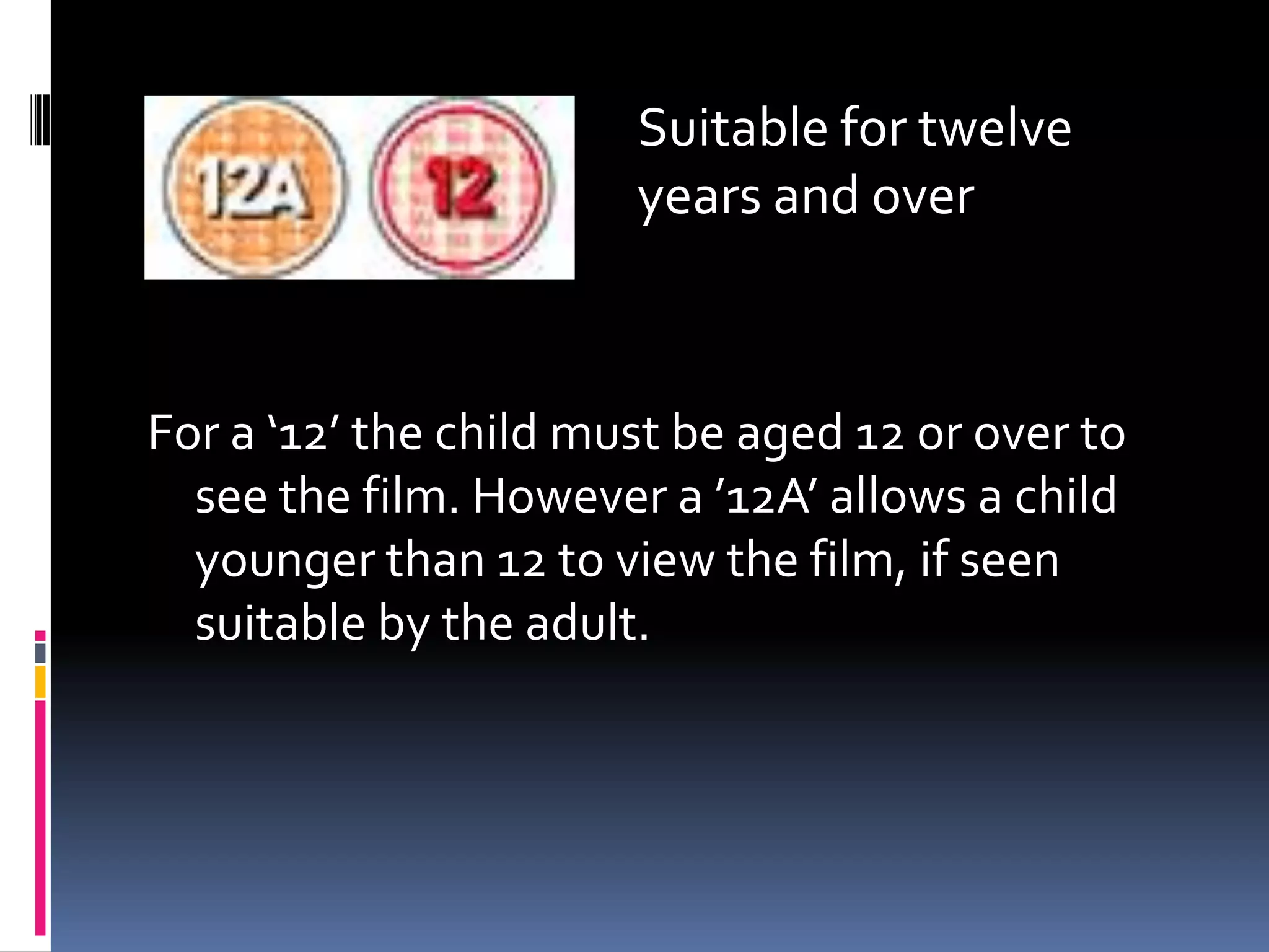 Suitable for twelve
years and over
For a ‘12’ the child must be aged 12 or over to
see the film. However a ’12A’ allows a child
younger than 12 to view the film, if seen
suitable by the adult.