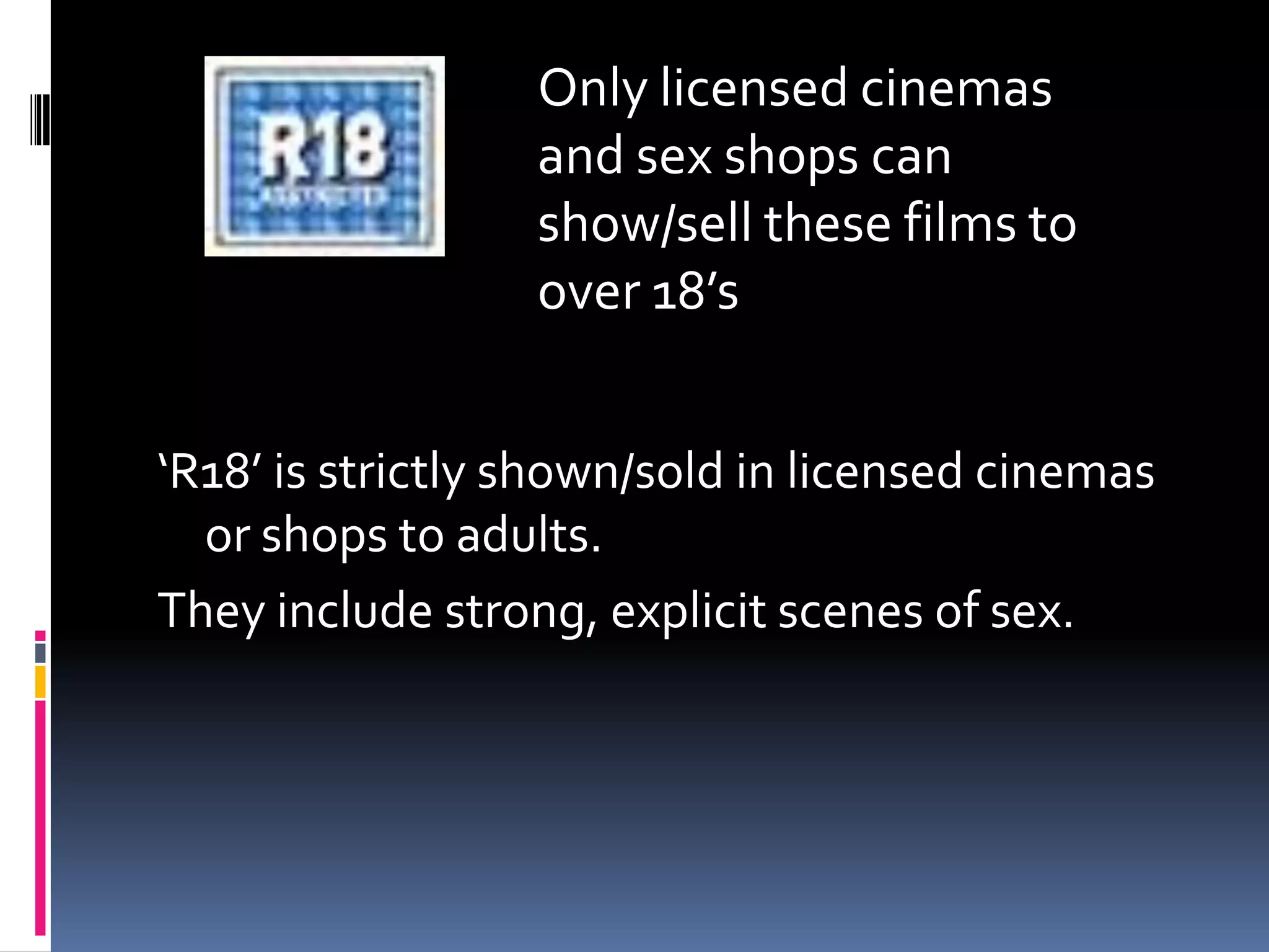 Only licensed cinemas
and sex shops can
show/sell these films to
over 18’s
‘R18’ is strictly shown/sold in licensed cinemas
or shops to adults.
They include strong, explicit scenes of sex.