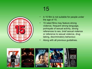 15
•
•

•

A 15 film is not suitable for people under
the age of 15.
15 rated films may feature strong
violence, frequent strong language,
portrayals of sexual activity, strong
references to sex, brief sexual violence
or reference to sexual violence, drug
taking, discriminatory behaviour.
Along with all previous guidelines.

 