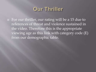  For our thriller, our rating will be a 15 due to
references of threat and violence sustained in
the video. Therefore this is the appropriate
viewing age as this link with category code (E)
from our demographic table.
 