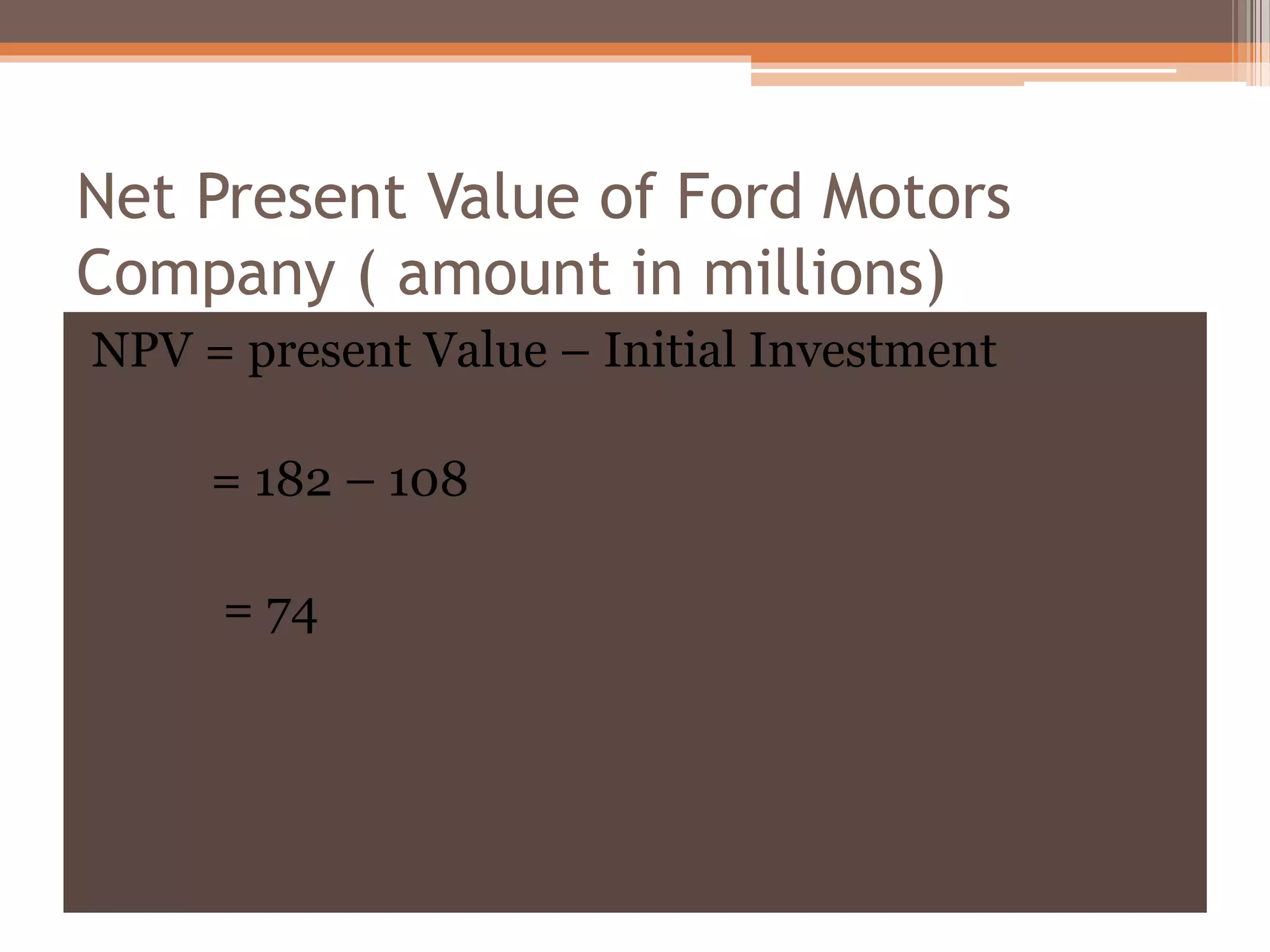 NPV = present Value – Initial Investment
= 182 – 108
= 74
Net Present Value of Ford Motors
Company ( amount in millions)
 