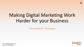 Making Digital Marketing Work
Harder for your Business
Jayne Reddyhoff – Zanzi Digital
Email: Jayne@Zanzidigital.co.uk
Twitter: @JayneReddyhoff
 