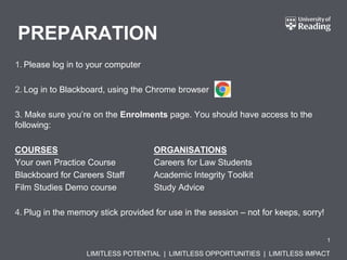 LIMITLESS POTENTIAL | LIMITLESS OPPORTUNITIES | LIMITLESS IMPACT
PREPARATION
1. Please log in to your computer
2. Log in to Blackboard, using the Chrome browser
3. Make sure you’re on the Enrolments page. You should have access to the
following:
COURSES ORGANISATIONS
Your own Practice Course Careers for Law Students
Blackboard for Careers Staff Academic Integrity Toolkit
Film Studies Demo course Study Advice
4. Plug in the memory stick provided for use in the session – not for keeps, sorry!
1
 