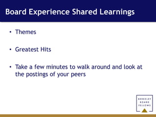 Board Experience Shared Learnings

 • Themes

 • Greatest Hits

 • Take a few minutes to walk around and look at
   the postings of your peers
 