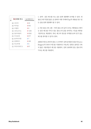 1. 검색 : 같은 태그를 쓰는 글은 쉽게 정렬해서 보여줄 수 있다. 내
                  블로그에 작성된 많은 글 중에서 어떤 주제어(Tag)의 내용을 담고 있
                  는 글을 쉽게 정렬해서 볼 수 있다.


                  2. 다른 블로그와 소통 : 여러 블로그의 글이 모이는 메타블로그에서
                  는 같은 태그를 가지고 있는 블로그의 글을 보여주는 기능을 대부분
                  기본적으로 제공한다. 특히, 태그의 빈도를 추적함으로써 인기 있는
                  태그를 찾아낼 수 있기도 한다.


                  2008년 테크노라티의 블로그 조사에서 실제 운영중인 블로거(Active
                  Bloggers)의 36%가 태그를 사용한다고 하는데, 상위로 올라갈 수록
                  더 많은 사용자들이 태그를 사용한다. 상위 100위에 있는 블로거의
                  71%는 태그를 사용한다.




Blog Guidebook
                                          40
 