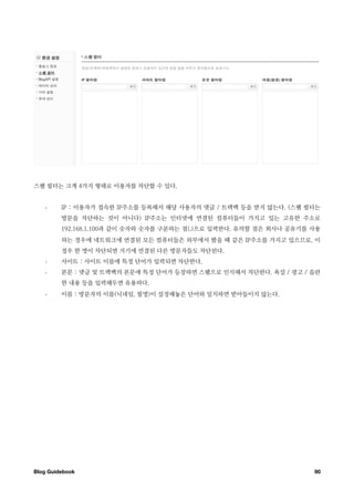 스팸 필터는 크게 4가지 형태로 이용자를 차단할 수 있다.


   •     IP : 이용자가 접속한 IP주소를 등록해서 해당 사용자의 댓글 / 트랙백 등을 받지 않는다. (스팸 필터는
         방문을 차단하는 것이 아니다) IP주소는 인터넷에 연결된 컴퓨터들이 가지고 있는 고유한 주소로
         192.168.1.100과 같이 숫자와 숫자를 구분하는 점(.)으로 입력한다. 유의할 점은 회사나 공유기를 사용
         하는 경우에 네트워크에 연결된 모든 컴퓨터들은 외부에서 봤을 때 같은 IP주소를 가지고 있으므로, 이
         경우 한 명이 차단되면 거기에 연결된 다른 방문자들도 차단된다.
   •     사이트 : 사이트 이름에 특정 단어가 입력되면 차단한다.
   •     본문 : 댓글 및 트랙백의 본문에 특정 단어가 등장하면 스팸으로 인식해서 차단한다. 욕설 / 광고 / 음란
         한 내용 등을 입력해두면 유용하다.
   •     이름 : 방문자의 이름(닉네임, 필명)이 설정해놓은 단어와 일치하면 받아들이지 않는다.




Blog Guidebook
                                                      90
 