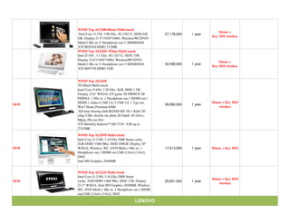 WIND Top AE2280-Black-Multi touch
                                                                                   Mouse +
       Intel Core i3-530, 3.06 Ghz. 4G (2G*2). HDD 640   27,178,000   1 year
                                                                               Key MSI wireless
      GB. Display 21.5''(1920*1080), Wireless/WC/DVD
      Multi/1 Mic-in /1 Headphone out /1 HDMI/DOS
      ATI HD5430 DDR3 512MB
      WIND Top AE2420- White-Multi touch
      Intel I5 650 , 3.2 Ghz. 4G (2G*2). HDD 1TB.
      Display 23.6''(1920*1080), Wireless/WC/DVD
                                                                                   Mouse +
      Multi/1 Mic-in /1 Headphone out /1 HDMI/DOS.       33,598,000   1 year
                                                                               Key MSI wireless
      ATI HD5730 DDR3 1GB


      WIND Top AE2420
      3D-Black-Multi touch
      Intel Core i5-650, 3.20 Ghz. 4GB. HDD 1 TB.
      Display 23.6" WXGA, CD game 3D PRINCE OF
      PERSIA, 1 Mic-in ,1 Headphone out,1 HDMI out,1
      SPDIF,1 eSata,4 USB 2.0, 2 USB 3.0, 1 Vga out,                           Mouse + Key MSI
NEW                                                      39,590,000   1 year
      Win7 Home Premium 64Bit                                                     wireless
       K t h p chương trình ROXIO BD 3D + Kính 3D
      c ng USB, chuy n các phim 2D thành 3D (Divx,
      Mpeg, Plu-ray file)
      ATI Mobility Radeon™ HD 5730 1GB up to
      2747MB
      WIND Top AE2070 Multi touch
      Intel Core i3-2100, 3.10 Ghz,3MB Smart cache.
      2GB DDR3 1066 Mhz. HDD 500GB. Display 20"
NEW   WXGA, Wireless, WC, DVD Multi,1 Mic-in ,1          17,013,000   1 year   Mouse + Key MSI
      Headphone out,1 HDMI out,USB (2.0x4) (3.0x2).
      DOS
      Intel HD Graphics 2048MB


      WIND Top AE2210 Multi touch
      Intel Core i3-2100, 3.10 Ghz,3MB Smart
                                                                               Mouse + Key MSI
NEW   cache. 2GB DDR3 1066 Mhz. HDD 1TB. Display         20,651,000   1 year
                                                                                  wireless
      21.5" WXGA, Intel HD Graphics 2048MB. Wireless,
      WC, DVD Multi,1 Mic-in ,1 Headphone out,1 HDMI
      out,USB (2.0x4) (3.0x2). DOS

                                             LENOVO
 