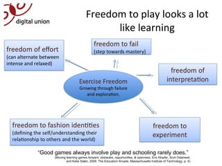 Freedom to play looks a lot like learning “ Good games always involve play and schooling rarely does.” (Moving learning games forward: obstacles, opportunities, & openness. Eric Klopfer, Scot Osterweil, and Katie Salen, 2009. The Education Arcade, Massachusetts Institute of Technology, p. 4) 