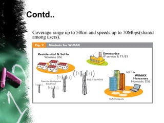 Contd..
Coverage range up to 50km and speeds up to 70Mbps(shared
among users).
 