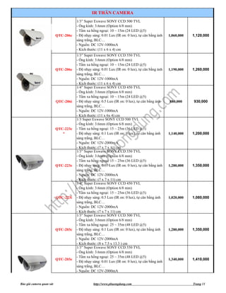 IR THÂN CAMERA
                                     1/3” Super Exwave SONY CCD 500 TVL
                                     - Ống kính: 3.6mm (Option 6/8 mm)
                                     - Tầm xa hồng ngoại: 10 ~ 15m (24 LED @5)
                          QTC-206c   - Độ nhạy sáng: 0.01 Lux (IR on: 0 lux), tự cân bằng ánh   1,060,000   1,120,000
                                     sáng trắng, BLC…
                                     - Nguồn: DC 12V-1000mA
                                     - Kích thước: (11 x 6 x 4) cm
                                     1/3” Super Exwave SONY CCD 550 TVL
                                     - Ống kính: 3.6mm (Option 6/8 mm)
                                     - Tầm xa hồng ngoại: 10 ~ 15m (24 LED @5)
                          QTC-206e   - Độ nhạy sáng: 0.01 Lux (IR on: 0 lux), tự cân bằng ánh   1,190,000   1,260,000
                                     sáng trắng, BLC…
                                     - Nguồn: DC 12V-1000mA
                                     - Kích thước: (11 x 6 x 4) cm
                                     1/4” Super Exwave SONY CCD 450 TVL
                                     - Ống kính: 3.6mm (Option 6/8 mm)
                                     - Tầm xa hồng ngoại: 10 ~ 15m (24 LED @5)
                          QTC-206i   - Độ nhạy sáng: 0.5 Lux (IR on: 0 lux), tự cân bằng ánh    880,000     930,000
                                     sáng trắng, BLC…
                                     - Nguồn: DC 12V-1000mA
                                     - Kích thước: (11 x 6x 4) cm
                                     1/3 Super Exwave SONY CCD 500 TVL
                                     - Ống kính: 3.6mm (Option 6/8 mm)
                          QTC-223c   - Tầm xa hồng ngoại: 15 ~ 25m (36 LED @5)
                             *       - Độ nhạy sáng: 0.1 Lux (IR on: 0 lux), tự cân bằng ánh    1,140,000   1,200,000
                                     sáng trắng, BLC…
                                     - Nguồn: DC 12V-2000mA
                                     - Kích thước: (7 x 7 x 11) cm
                                     1/3” Super Exwave SONY CCD 550 TVL
                                     - Ống kính: 3.6mm (Option 6/8 mm)
                                     - Tầm xa hồng ngoại: 15 ~ 25m (36 LED @5)
                          QTC-223e   - Độ nhạy sáng: 0.01 Lux (IR on: 0 lux), tự cân bằng ánh   1,280,000   1,350,000
                                     sáng trắng, BLC…
                                     - Nguồn: DC 12V-2000mA
                                     - Kích thước: (7 x 7 x 11) cm
                                     1/4” Super Exwave SONY CCD 450 TVL
                                     - Ống kính: 3.6mm (Option 6/8 mm)
                                     - Tầm xa hồng ngoại: 15 ~ 25m (36 LED @5)
                          QTC-223i   - Độ nhạy sáng: 0.5 Lux (IR on: 0 lux), tự cân bằng ánh    1,020,000   1,080,000
                                     sáng trắng, BLC…
                                     - Nguồn: DC 12V-2000mA
                                     - Kích thước: (7 x 7 x 11) cm
                                     1/3” Super Exwave SONY CCD 500 TVL
                                     - Ống kính: 3.6mm (Option 6/8 mm)
                                     - Tầm xa hồng ngoại: 25 ~ 35m (48 LED @5)
                          QTC-203c   - Độ nhạy sáng: 0.1 Lux (IR on: 0 lux), tự cân bằng ánh    1,280,000   1,350,000
                                     sáng trắng, BLC…
                                     - Nguồn: DC 12V-2000mA
                                     - Kích thước: (8 x 7.5 x 13.3 ) cm
                                     1/3” Super Exwave SONY CCD 550 TVL
                                     - Ống kính: 3.6mm (Option 6/8 mm)
                                     - Tầm xa hồng ngoại: 25 ~ 35m (48 LED @5)
                          QTC-203e                                                              1,340,000   1,410,000
                                     - Độ nhạy sáng: 0.01 Lux (IR on: 0 lux), tự cân bằng ánh
                                     sáng trắng, BLC…
                                     - Nguồn: DC 12V-2000mA


Báo giá camera quan sát                        http://www.phuongdung.com                                    Trang 11
 