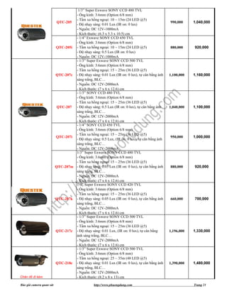 1/3” Super Exwave SONY CCD 480 TVL
                                   - Ống kính: 3.6mm (Option 6/8 mm)
                                   - Tầm xa hồng ngoại: 10 ~ 15m (24 LED @5)
                           QTC-205                                                            990,000     1,040,000
                                   - Độ nhạy sáng: 0.01 Lux (IR on: 0 lux)
                                   - Nguồn: DC 12V-1000mA
                                   - Kích thước: (6.3 x 5.3 x 10.5) cm
                                   - 1/4” Exwave SONY CCD 450 TVL
                                   - Ống kính: 3.6mm (Option 6/8 mm)
                          QTC-205i - Tầm xa hồng ngoại: 10 ~ 15m (24 LED @5)                  880,000     920,000
                                   - Độ nhạy sáng: 0.5 Lux (IR on: 0 lux)
                                   - Nguồn: DC 12V-1000mA
                                   - 1/3” Super Exwave SONY CCD 500 TVL
                                   - Ống kính: 3.6mm (Option 6/8 mm)
                                   - Tầm xa hồng ngoại: 15 ~ 25m (36 LED @5)
                          QTC-207c - Độ nhạy sáng: 0.01 Lux (IR on: 0 lux), tự cân bằng ánh   1,100,000   1,160,000
                                   sáng trắng, BLC…
                                   - Nguồn: DC 12V-2000mA
                                   - Kích thước: (7 x 6 x 12.6) cm
                                   - 1/3” SONY CCD 480 TVL
                                   - Ống kính: 3.6mm (Option 6/8 mm)
                                   - Tầm xa hồng ngoại: 15 ~ 25m (36 LED @5)
                           QTC-207 - Độ nhạy sáng: 0.5 Lux (IR on: 0 lux), tự cân bằng ánh    1,040,000   1,100,000
                                   sáng trắng, BLC…
                                   - Nguồn: DC 12V-2000mA
                                   - Kích thước: (7 x 6 x 12.6) cm
                                   - 1/4” SONY CCD 450 TVL
                                   - Ống kính: 3.6mm (Option 6/8 mm)
                                   - Tầm xa hồng ngoại: 15 ~ 25m (36 LED @5)
                          QTC-207i                                                            950,000     1,000,000
                                   - Độ nhạy sáng: 0.5 Lux, (IR on: 0 lux), tự cân bằng ánh
                                   sáng trắng, BLC…
                                   - Nguồn: DC 12V-2000mA
                                   1/3” Super Exwave SONY CCD 480 TVL
                                   - Ống kính: 3.6mm (Option 6/8 mm)
                                   - Tầm xa hồng ngoại: 15 ~ 25m (36 LED @5)
                          QTC-207m - Độ nhạy sáng: 0.05 Lux (IR on: 0 lux), tự cân bằng ánh   880,000     920,000
                                   sáng trắng, BLC…
                                   - Nguồn: DC 12V-2000mA
                                   - Kích thước: (7 x 6 x 12.6) cm
                                   1/3” Super Exwave SONY CCD 420 TVL
                                   - Ống kính: 3.6mm (Option 6/8 mm)
                                   - Tầm xa hồng ngoại: 15 ~ 25m (36 LED @5)
                          QTC-207k - Độ nhạy sáng: 0.05 Lux (IR on: 0 lux), tự cân bằng ánh   660,000     700,000
                                   sáng trắng, BLC…
                                   - Nguồn: DC 12V-2000mA
                                   - Kích thước: (7 x 6 x 12.6) cm
                                   - 1/3” Super Exwave SONY CCD 500 TVL
                                   - Ống kính: 3.6mm (Option 6/8 mm)
                                   - Tầm xa hồng ngoại: 15 ~ 25m (36 LED @5)
                          QTC-217c - Độ nhạy sáng: 0.01 Lux, (IR on: 0 lux), tự cân bằng      1,196,000   1,330,000
                                   ánh sáng trắng, BLC…
                                   - Nguồn: DC 12V-2000mA
                                   - Kích thước: (7 x 6 x 12.6) cm
                                   - 1/3” Super Exwave SONY CCD 500 TVL
                                   - Ống kính: 3.6mm (Option 6/8 mm)
                                   - Tầm xa hồng ngoại: 25 ~ 35m (48 LED @5)
                          QTC-218c - Độ nhạy sáng: 0.01 Lux (IR on: 0 lux), tự cân bằng ánh   1,390,000   1,480,000
                                   sáng trắng, BLC…
                                   - Nguồn: DC 12V-2000mA
Chân đế đi kèm                     - Kích thước: (8.2 x 8 x 13) cm

Báo giá camera quan sát                          http://www.phuongdung.com                                Trang 21
 