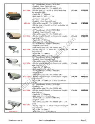 - 1/3” Super Exwave SONY CCD 500 TVL
                                     - Ống kính: 3.6mm (Option 6/8 mm)
                                     - Tầm xa hồng ngoại: 25 ~ 35m (48 LED @5)
                          QTC-204c   - Độ nhạy sáng: 0.01 Lux, (IR on: 0 lux), tự cân bằng      1,270,000   1,370,000
                                     ánh sáng trắng, BLC…
                                     - Nguồn: DC 12V-2000mA
                                     - Kích thước: (9.7 x 8.2 x 14.2) cm
                                     - 1/3” SONY CCD 480 TVL
                                     - Ống kính: 3.6mm (Option 6/8 mm)
                          QTC-204    - Tầm xa hồng ngoại: 25 ~ 35m (48 LED @5)                  1,060,000   1,120,000
                                     - Độ nhạy sáng: 0.5 Lux, (IR on: 0 lux), tự cân bằng ánh
                                     sáng trắng, BLC…
                                     - 1/3” Super Exwave SONY CCD 500 TVL
                                     - Ống kính: 4 mm (Option 6/8 mm)
                                     - Tầm xa hồng ngoại: 30 ~ 45m (36 LED @8)
                          QTC-213c   - Độ nhạy sáng 0.01 Lux (IR on: 0lux), tự cân bằng ánh     1,596,000   1,720,000
                                     sáng trắng, BLC…
                                     - Nguồn: DC 12V-2000mA
                                     - Kích thước: (10 x 9.5 x 18.5) cm
                                     - 1/3” Super Exwave SONY CCD 500 TVL
                                     - Ống kính zoom 4-9mm
                                     - Tầm xa hồng ngoại: 15 ~ 25m (36 LED @5)
                          QTC-239c   - Độ nhạy sáng: 0.01 Lux (IR on: 0lux), tự cân bằng ánh    1,970,000   2,080,000
                                     sáng trắng, BLC…
                                     - Nguồn: DC 12V-2000mA
                                     - Kích thước: ( 8 x 8 x 14.5) cm
                                     - 1/3” Super Exwave SONY CCD 500 TVL
                                     - Ống kính: 4 mm (Option 6/8 mm)
                                     - Tầm xa hồng ngoại: 30 ~ 45m (36 LED @8)
                          QTC-254c   - Độ nhạy sáng 0.01 Lux (IR on: 0lux), tự cân bằng ánh     1,790,000   1,900,000
                                     sáng trắng, BLC…
                                     - Nguồn: DC 12V-2000mA
                                     - Kích thước: (11 x 10 x 25.5) cm
                                     - 1/3” Super Exwave SONY CCD 500 TVL
                                     - Ống kính 6mm
                                     - Tầm xa hồng ngoại: 30 ~ 40m (30 LED @8)
                          QTC-230c   - Độ nhạy sáng 0.01 Lux (IR on: 0lux), tự cân bằng ánh     1,600,000   1,690,000
                                     sáng trắng, BLC…
                                     - Nguồn: DC 12V-2000mA, Kích thước: (13.8 x 10 x
                                     24) cm
                                     - 1/3” Super Exwave SONY CCD 500 TVL
                                     - Ống kính 6 mm
                                     - Tầm xa hồng ngoại: 30 ~ 40m (30 LED @8)
                          QTC-240c   - Độ nhạy sáng 0.01 Lux (IR on: 0lux), tự cân bằng ánh     1,790,000   1,900,000
                                     sáng trắng, BLC…
                                     - Nguồn: DC 12V-2000mA
                                     - Kích thước: (13.8 x 10 x 34) cm
                                     - 1/3” Super Exwave SONY CCD 500 TVL
                                     - Ống kính: 12mm
                                     - Tầm xa hồng ngoại: 50 ~ 70m (32 LED @8 + 4 LED
                                     @22)
                          QTC-252c                                                              4,370,000   4,600,000
                                     - Độ nhạy sáng: 0.01 Lux (IR on: 0 lux), tự cân bằng ánh
                                     sáng trắng, BLC…
                                     - Nguồn: DC 12V-2000mA
(kèm chân đế)                        - Kích thước: (17.5 x 14.5 x 38.5) cm




Báo giá camera quan sát                         http://www.phuongdung.com                                   Trang 22
 