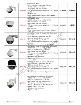 Camera Speed Dome
                                     - 1/3 SONY Super Exwave CCD, 550 TVL
                                     - 10X Optical Zoom : 3.8~ 38 mm
                                     - Quay ngang: 3600, quay dọc 1800
                          QTC-806    - Tốc độ xoay theo phương ngang tối đa: 5.50/s, phương   11,800,000   12,420,000
                                     dọc: 3.50/s
                                     - 64 Preset point
                                     - Multi protocol support : Pelco D, Pelco P, Kalatel…
                                     - AGC, BLC…
                                     Camera Speed Dome
                                     - 1/3 SONY Super Exwave CCD, 500 TVL
                                     - 10X Optical Zoom : 3.8~ 38 mm
                                     - Quay ngang: 3600, quay dọc 1800
                          QTC-807    - Tốc độ xoay theo phương ngang tối đa: 5.50/s, phương   13,600,000   14,320,000
                                     dọc: 3.50/s
                                     - 64 Preset point
                                     - Multi protocol support : Pelco D, Pelco P, Kalatel…
                                     - AGC, BLC…
                                     Camera Speed Dome, tốc độ trung bình, gắn ngoài trời
                                     (có mái che)
                                     - 1/3 SONY Super Exwave CCD, 480 TVL
                                     - Ống kính Zoom 30 lần (f3.3 ~ 99 mm)
                          QTC-801                                                             5,160,000    5,440,000
                                     - Quay ngang: 3600, quay dọc 900
                                     - Tốc độ xoay theo phương ngang tối đa: 5.50/s, phương
                                     dọc: 3.50/s
                                     - Điều khiển từ xa qua Internet, Nguồn: AC 24V
                                     Camera Speed Dome, tốc độ trung bình, gắn trong nhà
                                     - 1/3 SONY Super Exwave CCD, 480 TVL
                                     - Ống kính Zoom 30 lần (f3.3 ~ 99 mm)
                                     - Quay ngang: 3600, quay dọc 900
                          QTC-802                                                             6,300,000    6,630,000
                                     - Tốc độ xoay theo phương ngang tối đa: 5.50/s, phương
                                     dọc: 3.50/s
                                     - Điều khiển từ xa qua Internet
                                     - Nguồn: AC 24V

                                     Camera Speed Dome, tốc độ trung bình, gắn trần
                                     - 1/3 SONY Super Exwave CCD, 480 TVL
                                     - Ống kính Zoom 30 lần (f3.3 ~ 99 mm)
                          QTC-820    - Quay ngang: 3600, quay dọc 900                         5,840,000    6,150,000
                                     - Tốc độ xoay theo phương ngang tối đa: 5.50/s, phương
                                     dọc: 3.50/s
                                     - Điều khiển từ xa qua Internet, Nguồn: AC 24V


                                     Camera SpeedDome, tốc độ cao, gắn ngoài trời
                                     - 1/3 SONY Super Exwave CCD, 480 TVL
                                     - Ống kính Zoom 30 lần (f3.3 ~ 99 mm),
                                     - Quay ngang: 3600, quay dọc 1800 (flip)
                          QTC-830a   - Tốc độ xoay: 0.50 ~ 300/s                              9,200,000    9,680,000
                                     - Presets: 128 vị trí tuần tra, điều khiển RS-485,
                                     Protocol: PELCO, KALATEL…
                                     - Điều khiển từ xa qua Internet
                                     - Nguồn: AC 24V




Báo giá camera quan sát                         http://www.phuongdung.com                                  Trang 26
 