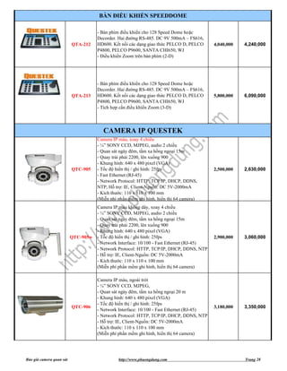 BÀN ĐIỀU KHIỂN SPEEDDOME

                                     - Bàn phím điều khiển cho 128 Speed Dome hoặc
                                     Decorder. Hai đường RS-485. DC 9V 500mA – FS616,
                          QTA-212    HD600. Kết nối các dạng giao thức PELCO D, PELCO      4,040,000   4,240,000
                                     P4800, PELCO P9600, SANTA CHI650, WJ
                                     - Điều khiển Zoom trên bàn phím (2-D)




                                     - Bàn phím điều khiển cho 128 Speed Dome hoặc
                                     Decorder. Hai đường RS-485. DC 9V 500mA – FS616,
                          QTA-213    HD600. Kết nối các dạng giao thức PELCO D, PELCO      5,800,000   6,090,000
                                     P4800, PELCO P9600, SANTA CHI650, WJ
                                     - Tích hợp cần điều khiển Zoom (3-D)




                                       CAMERA IP QUESTEK
                                     Camera IP màu, xoay 4 chiều
                                     - ¼” SONY CCD, MJPEG, audio 2 chiều
                                     - Quan sát ngày đêm, tầm xa hồng ngoại 15m
                                     - Quay trái phải 2200, lên xuống 900
                                     - Khung hình: 640 x 480 pixel (VGA)
                          QTC-905    - Tốc độ hiển thị / ghi hình: 25fps                   2,500,000   2,630,000
                                     - Fast Ethernet (RJ-45)
                                     - Network Protocol: HTTP, TCP/IP, DHCP, DDNS,
                                     NTP, Hỗ trợ: IE, Client-Nguồn: DC 5V-2000mA
                                     - Kích thước: 110 x 110 x 100 mm
                                     (Miễn phí phần mềm ghi hình, hiển thị 64 camera)
                                     Camera IP màu không dây, xoay 4 chiều
                                     - ¼” SONY CCD, MJPEG, audio 2 chiều
                                     - Quan sát ngày đêm, tầm xa hồng ngoại 15m
                                     - Quay trái phải 2200, lên xuống 900
                                     - Khung hình: 640 x 480 pixel (VGA)
                          QTC-905w   - Tốc độ hiển thị / ghi hình: 25fps                   2,900,000   3,060,000
                                     - Network Interface: 10/100 - Fast Ethernet (RJ-45)
                                     - Network Protocol: HTTP, TCP/IP, DHCP, DDNS, NTP
                                     - Hỗ trợ: IE, Client-Nguồn: DC 5V-2000mA
                                     - Kích thước: 110 x 110 x 100 mm
                                     (Miễn phí phần mềm ghi hình, hiển thị 64 camera)

                                     Camera IP màu, ngoài trời
                                     - ¼” SONY CCD, MJPEG,
                                     - Quan sát ngày đêm, tầm xa hồng ngoại 20 m
                                     - Khung hình: 640 x 480 pixel (VGA)
                                     - Tốc độ hiển thị / ghi hình: 25fps
                          QTC-906                                                          3,180,000   3,350,000
                                     - Network Interface: 10/100 - Fast Ethernet (RJ-45)
                                     - Network Protocol: HTTP, TCP/IP, DHCP, DDNS, NTP
                                     - Hỗ trợ: IE, Client-Nguồn: DC 5V-2000mA
                                     - Kích thước: 110 x 110 x 100 mm
                                     (Miễn phí phần mềm ghi hình, hiển thị 64 camera)




Báo giá camera quan sát                        http://www.phuongdung.com                               Trang 28
 