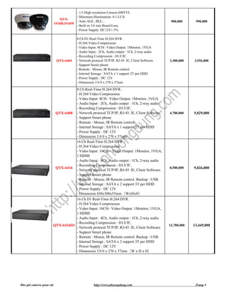- 1/3 High resolution Camera 600TVL
                                      - Minimum Illumination: 0.1 LUX
                             QTX-
                                      - Auto AGC, BLC...                                          900,000      990,000
                          1910B/1910W
                                      - Built-in 3.6 mm Board Lens
                                      - Power Supply: DC12V± 5%

                                        4 Ch D1 Real-Time H.264 DVR .
                                        - H.264 Video Compression
                                        - Video Input: 4CH– Video Output: 1Monitor, 1VGA
                                        - Audio Input : 2Ch, Audio output : 1Ch, 2-way audio
                                        - Recording Compression : D1/CIF,
                           QTX-6404     - Network protocal TCP/IP, RJ-45. IE, Client Software.   3,380,000    3,556,000
                                        - Support Smart phone
                                        - Remote : Mouse, IR Remote control.
                                        - Internal Storage : SATA x 1 support 2T per HDD
                                        - Power Supply : DC 12V
                                        - Dimension 3 0 0 x 270 x 57mm

                                 8 Ch Real-Time H.264 DVR .
                                 - H.264 Video Compression
                                 - Video Input: 8CH– Video Output: 1Monitor, 1VGA
                                 - Audio Input : 2Ch, Audio output : 1Ch, 2-way audio
                                 - Recording Compression : D1/CIF,
                       QTX-6408 - Network protocal TCP/IP, RJ-45. IE, Client Software.           4,780,000    5,029,000
                                 - Support Smart phone
                                 - Remote : Mouse, IR Remote control.
                                 - Internal Storage : SATA x 1 support 2T per HDD
                                 - Power Supply : DC 12V
                                 - Dimension 3 0 0 x 270 x 57mm
                                 16 Ch Real-Time H.264 DVR .
                                 - H.264 Video Compression
                                 - Video Input: 16CH – Video Output: 1Monitor, 1VGA,
                                 1 HDMI
                                 - Audio Input : 4Ch, Audio output : 1Ch, 2-way audio
                                 - Recording Compression : D1/CIF,
                       QTX-6416                                                                  8,580,000    9,026,000
                                 - Network protocal TCP/IP, RJ-45. IE, Client Software.
                                 - Support Smart phone
                                 - Remote : Mouse, IR Remote control. Backup : USB.
                                 - Internal Storage : SATA x 2 support 3T per HDD
                                 - Power Supply : DC 12V
                                 - Dimension 430x300x55mm（WxDxH）
                                 16 Ch D1 Real-Time H.264 DVR .
                                 - H.264 Video Compression
                                 - Video Input: 16CH– Video Output: 1Monitor, 1VGA,
                                 1 HDMI
                                 - Audio Input : 4Ch, Audio output : 1Ch, 2-way audio
                                 - Recording Compression : D1/CIF,
                      QTX-6416D1                                                                 12,780,000   13,445,000
                                 - Network protocal TCP/IP, RJ-45. IE, Client Software.
                                 - Support Smart phone
                                 - Remote : Mouse, IR Remote control. Backup : USB.
                                 - Internal Storage : SATA x 2 support 3T per HDD
                                 - Power Supply : DC 12V
                                 - Dimension 3 0 0 x 270 x 57mm（W x D x H）




Báo giá camera quan sát                            http://www.phuongdung.com                                   Trang 4
 