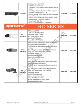 32 Ch Real-Time H.264 DVR .
                                     - H.264 Video Compression
                                     - Video Input: 32CH– Video Output: 1Monitor, 1VGA,
                                     1 HDMI
                                     - Audio Input : 1Ch, Audio output : 1Ch, 2-way audio
                                     - Recording Compression : D1/CIF,
                          QTX-6432                                                            29,800,000   31,350,000
                                     - Network protocal TCP/IP, RJ-45. IE, Client Software.
                                     - Support Smart phone
                                     - Remote : Mouse, IR Remote control. Backup : USB.
                                     - Internal Storage : SATA x 8, eSata x 2
                                     - Power Supply : DC 12V
                                     - Dimension 430X440X89mm（WXDXH）




                                     HD Camera 1080P
                                     1/2.8" CMOS 2 Mega-Pixel
                            QTX-     Resolution 1080P / 30 fps
                                                                                              4,980,000    5,241,000
                          3101FHD    BLC, HLC, 3D-NR, WDR
                                     Size: 137x70x70(mm)
                                     Power: DC 12V/ AC 24V
                                     1080P real-time make images clearer and brighter
                                     HD-SDI Lossless video display
                                     CMOS Progress Scan: capture the moving objects
                                     percisely
                            QTX-     Day and night mode provides high performance
                                                                                              7,380,000    7,767,000
                          3001FHD    image with removable ICR-IR cut filter
                                     OSD menu control
                                     Auto iris lens supported
                                     Alarm output:motion/sensor
                                     Not include lens
                                     1080P real-time make images clearer and brighter
                                     HD-SDI Lossless video display
                                     CMOS Progress Scan: capture the moving objects
                                     percisely
                                     Day and night mode provides high performance
                            QTX-     image with removable ICR-IR cut filter
                                                                                              8,980,000    9,451,000
                          3002FHD    OSD menu control
                                     Auto iris lens supported
                                     Alarm output:motion/sensor
                                     Up to 30m IR view distance
                                     Include camera bracket, Lens: 6mm
                                     Weatherproof class Ip66




Báo giá camera quan sát                        http://www.phuongdung.com                                    Trang 5
 