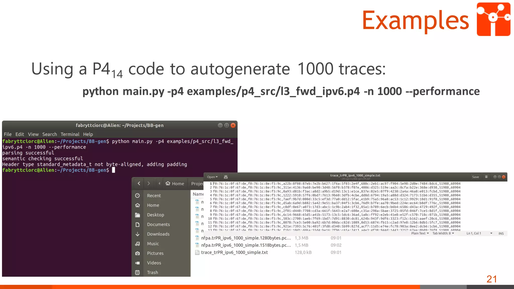 Examples
Using a P414 code to autogenerate 1000 traces:
python main.py -p4 examples/p4_src/l3_fwd_ipv6.p4 -n 1000 --performance
21
 