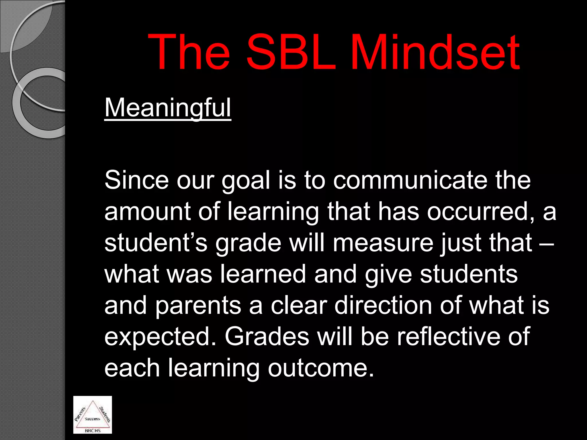 Meaningful
Since our goal is to communicate the
amount of learning that has occurred, a
student’s grade will measure just that –
what was learned and give students
and parents a clear direction of what is
expected. Grades will be reflective of
each learning outcome.
The SBL Mindset
 