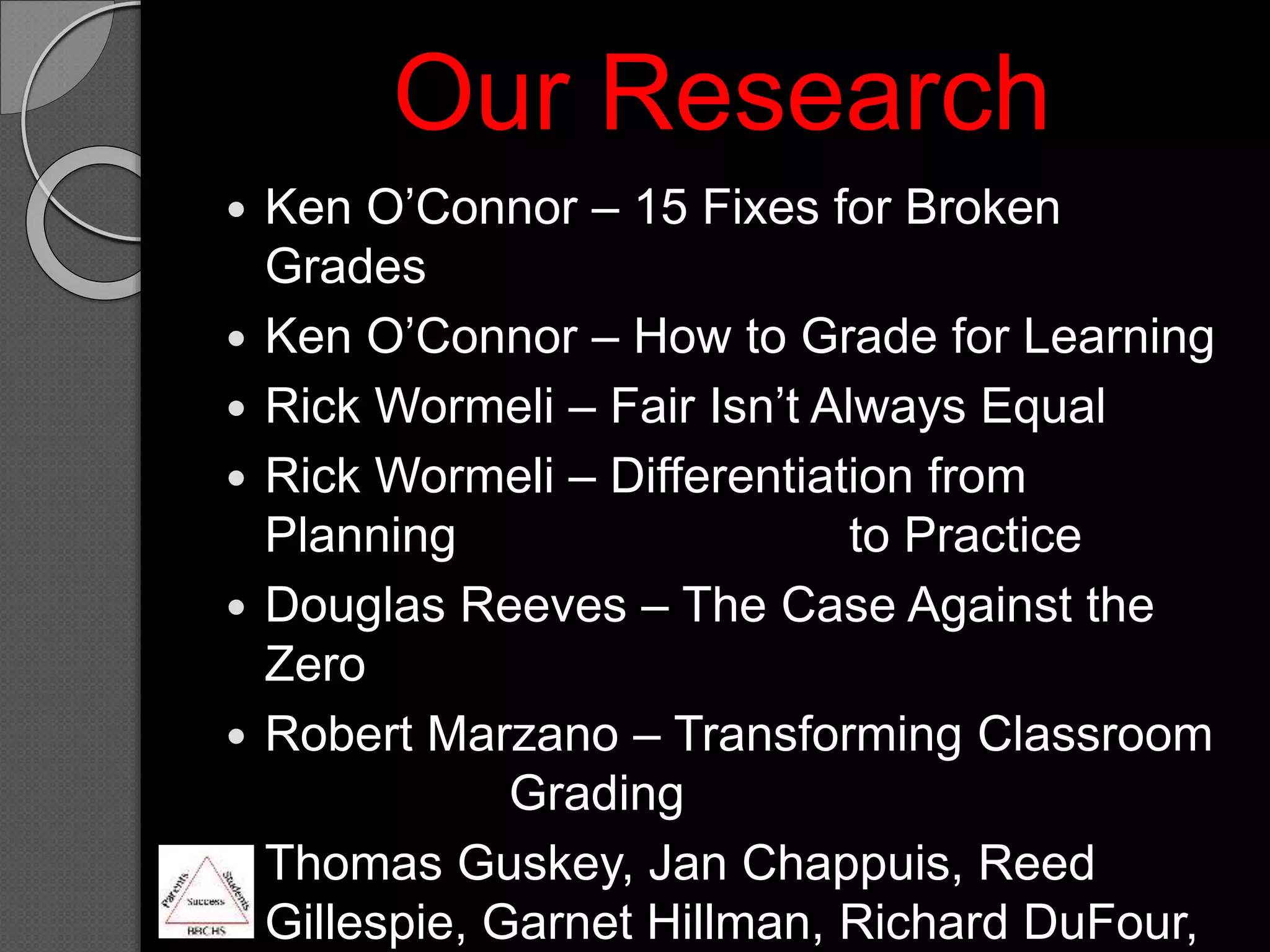Our Research
 Ken O’Connor – 15 Fixes for Broken
Grades
 Ken O’Connor – How to Grade for Learning
 Rick Wormeli – Fair Isn’t Always Equal
 Rick Wormeli – Differentiation from
Planning to Practice
 Douglas Reeves – The Case Against the
Zero
 Robert Marzano – Transforming Classroom
Grading
 Thomas Guskey, Jan Chappuis, Reed
Gillespie, Garnet Hillman, Richard DuFour,
 