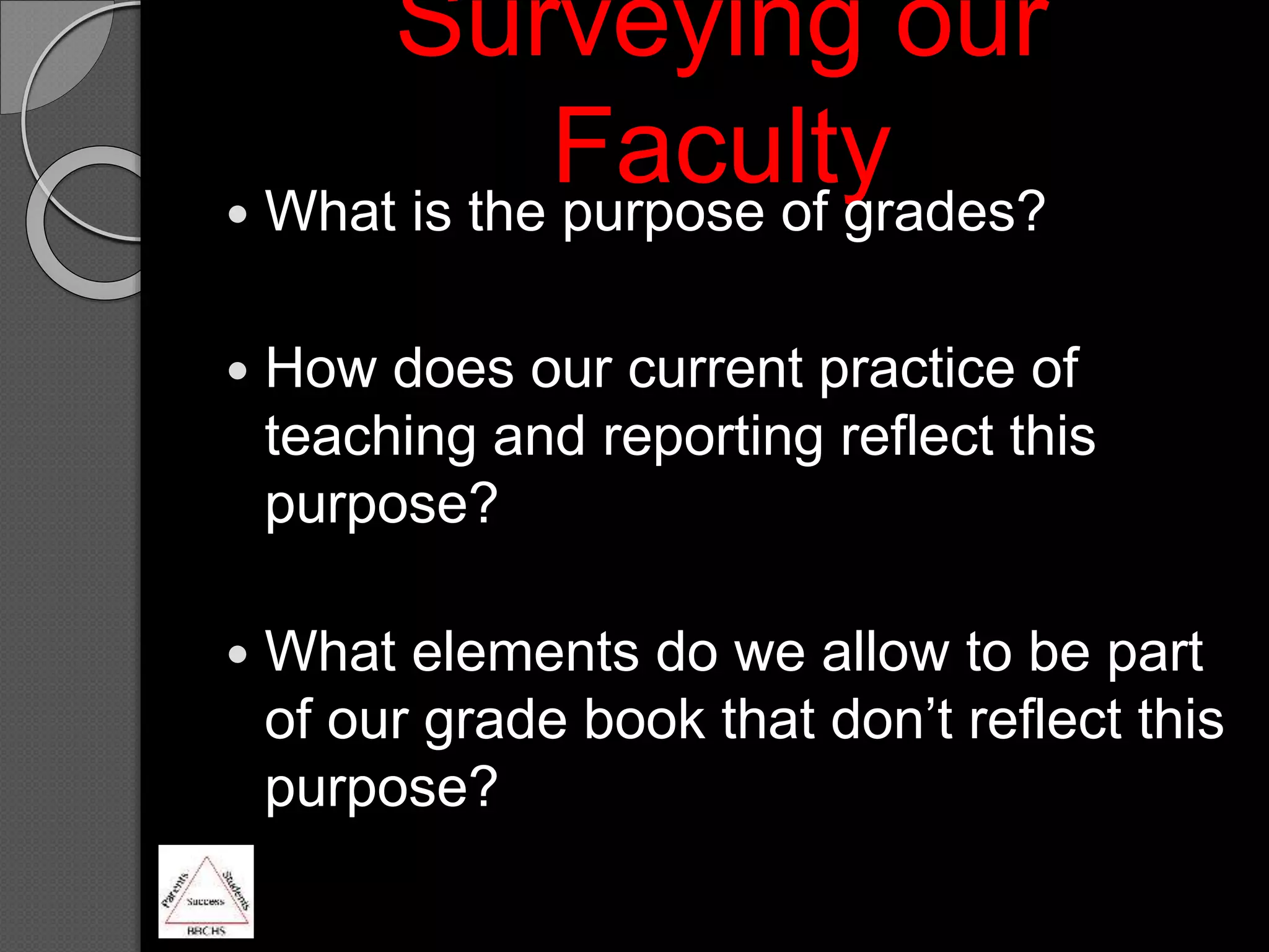 Surveying our
Faculty What is the purpose of grades?
 How does our current practice of
teaching and reporting reflect this
purpose?
 What elements do we allow to be part
of our grade book that don’t reflect this
purpose?
 