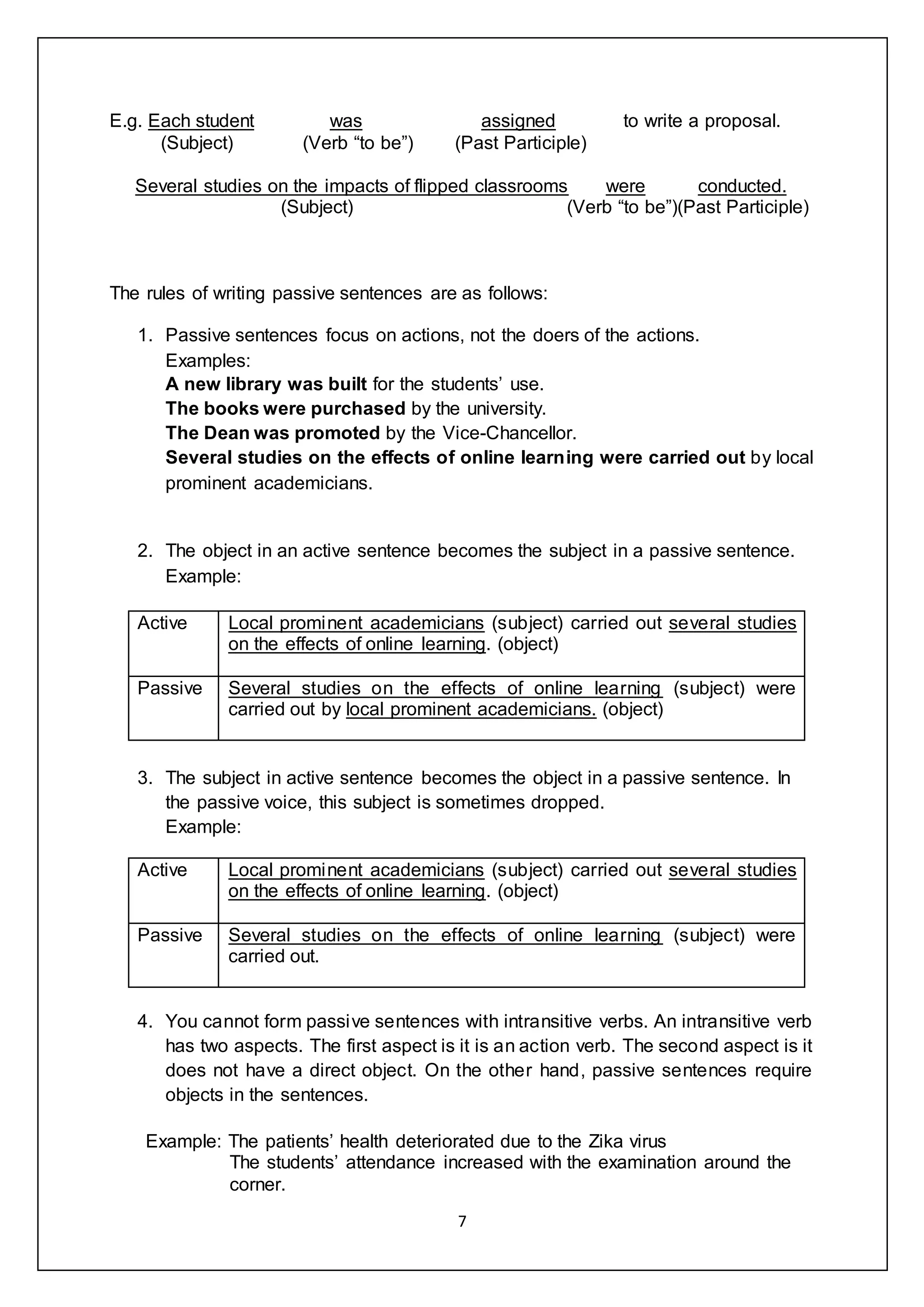 7
E.g. Each student was assigned to write a proposal.
(Subject) (Verb “to be”) (Past Participle)
Several studies on the impacts of flipped classrooms were conducted.
(Subject) (Verb “to be”)(Past Participle)
The rules of writing passive sentences are as follows:
1. Passive sentences focus on actions, not the doers of the actions.
Examples:
A new library was built for the students’ use.
The books were purchased by the university.
The Dean was promoted by the Vice-Chancellor.
Several studies on the effects of online learning were carried out by local
prominent academicians.
2. The object in an active sentence becomes the subject in a passive sentence.
Example:
Active Local prominent academicians (subject) carried out several studies
on the effects of online learning. (object)
Passive Several studies on the effects of online learning (subject) were
carried out by local prominent academicians. (object)
3. The subject in active sentence becomes the object in a passive sentence. In
the passive voice, this subject is sometimes dropped.
Example:
Active Local prominent academicians (subject) carried out several studies
on the effects of online learning. (object)
Passive Several studies on the effects of online learning (subject) were
carried out.
4. You cannot form passive sentences with intransitive verbs. An intransitive verb
has two aspects. The first aspect is it is an action verb. The second aspect is it
does not have a direct object. On the other hand, passive sentences require
objects in the sentences.
Example: The patients’ health deteriorated due to the Zika virus
The students’ attendance increased with the examination around the
corner.
 