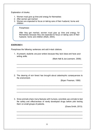 11
Explanation of chunks:
1. Women must give up time and energy for themselves
2. After women get married
3. Women are expected to focus on taking care of their husband, home and
children
EXERCISE 5
Paraphrase the following sentences and add in-text citations.
1. At present, students are poor writers because they lack ideas and have poor
writing skills.
(Mark Hall & Joe Leemann, 2008)
______________________________________________________________
______________________________________________________________
______________________________________________________________
2. The clearing of rain forest has brought about catastrophic consequences to
the environment.
(Bryan Freeman, 1999)
______________________________________________________________
______________________________________________________________
______________________________________________________________
3. Since animals share many features with humans, scientists use animals to test
the safety and effectiveness of newly developed drugs before pilot testing
them on small groups of patients.
(Diana Smith, 2013)
______________________________________________________________
______________________________________________________________
______________________________________________________________
Paraphrase:
After they get married, women must give up time and energy for
themselves because they are expected to focus on taking care of their
husband, home and children (Wark, 2003).
 