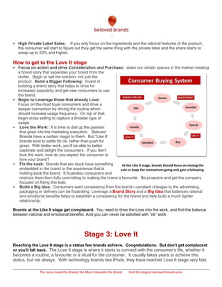  High Private Label Sales:        If you only focus on the ingredients and the rational features of the product,
    the consumer will start to figure out they get the same thing with the private label and the share starts to
    creep up to 20% and higher.

How to get to the Love It stage
 Focus on action and drive Consideration and Purchase: stake out certain spaces in the market creating
    a brand story that separates your brand from the
    clutter. Begin to sell the solution, not just the
    product. Build a Bigger Following: Invest in
    building a brand story that helps to drive for
    increased popularity and get new consumers to use
    the brand.
   Begin to Leverage those that already Love:
    Focus on the most loyal consumers and drive a
    deeper connection by driving the routine which
    should increase usage frequency. On top of that,
    begin cross selling to capture a broader type of
    usage.
    Love the Work: It is time to dial up the passion
     that goes into the marketing execution. Beloved
     Brands have a certain magic to them. But ―Like It’
     brands tend to settle for ok, rather than push for
     great. With better work, you’ll be able to better
     captivate and delight the consumers. If you don’t
     love the work, how do you expect the consumer to
     love your brand?
    Fix the Leak: Brands that are stuck have something         At the Like It stage, brands should focus on closing the
     embedded in the brand or the experience that is           sale to keep the momentum going and gain a following.
     holding back the brand. It frustrates consumers and
     restricts them from fully committing to making the brand a favourite. Be proactive and get the company
     focused on fixing this leak.
    Build a Big Idea: Consumers want consistency from the brand—constant changes to the advertising,
     packaging or delivery can be frustrating. Leverage a Brand Story and a Big Idea that balances rational
     and emotional benefits helps to establish a consistency for the brand and help build a much tighter
     relationship.

Brands at the Like It stage get complacent. You need to drive the Love into the work, and find the balance
between rational and emotional benefits. And you can never be satisfied with ―ok‖ work.




                                             Stage 3: Love It
Reaching the Love It stage is a status few brands achieve. Congratulations. But don’t get complacent
or you’ll fall back. The Love It stage is where it starts to connect with the consumer’s life, whether it
becomes a routine, a favourite or a ritual for the consumer. It usually takes years to achieve this
status, but not always. With technology brands like IPods, they have reached Love It stage very fast.

                 The more loved the Brand, the More Valuable the Brand   Visit the blog at beloved-brands.com
 