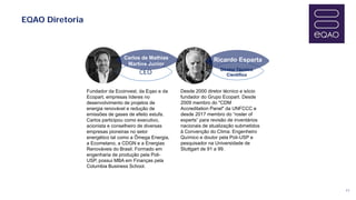 11
EQAO Diretoria
Fundador da Ecoinvest, da Eqao e da
Ecopart, empresas líderes no
desenvolvimento de projetos de
energia renovável e redução de
emissões de gases de efeito estufa.
Carlos participou como executivo,
acionista e conselheiro de diversas
empresas pioneiras no setor
energético tal como a Ômega Energia,
a Ecometano, a CDGN e a Energias
Renováveis do Brasil. Formado em
engenharia de produção pela Poli-
USP, possui MBA em Finanças pela
Columbia Business School.
Desde 2000 diretor técnico e sócio
fundador do Grupo Ecopart. Desde
2009 membro do "CDM
Accreditation Panel" da UNFCCC e
desde 2017 membro do “roster of
experts” para revisão de inventários
nacionais de atualização submetidos
à Convenção do Clima. Engenheiro
Químico e doutor pela Poli-USP e
pesquisador na Universidade de
Stuttgart de 91 a 99.
Ricardo Esparta
Carlos de Mathias
Martins Junior
CEO Diretor Técnico
Científico
 