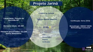 Créditos de carbono
Nature Based Solution
REDD+
VCU
Mensuração
Reporte
Verificação
Localização: Peixoto de
Azevedo-MT
Hectares totais: 60.387
Hectares preservados: 52.238
bioma Amazônico
Certificação: Verra (VCS)
Metodologia: VM0007 REDD
Methodology Framework
Projeto Jarinã
 