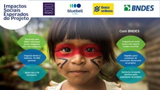 8
Rapidez para
resolução de
eventuais obstáculos
ao projeto
Impacto no curto
prazo com aporte
sendo revertido
Apoio nas CCB
Standards
Impacto direto e
indireto: 35.000
pessoas
Parcerias com
ONGs: interaçao
povos indigenas
com não indigenas
Impactos
Sociais
Esperados
do Projeto
Com BNDES
Aumenta recepção
positiva pela
população ao projeto
 