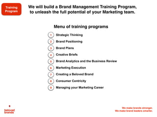 We make brands stronger.
We make brand leaders smarter.
2
4
31 Strategic questions to
help frame the key issues
5
We will help you build a strategic brand plan that everyone
who works behind the scenes of the brand can follow
Drivers and inhibitors currently facing
brand. Risks and opportunities for future.
Deep dive review looks at every
potential area of the brand
• Market: Macro view, economic indicators,
consumer behavior, technology, political
• Consumer: Target, buying habits, trends,
consumer enemies, key insights
• Channels: growth channels, major
customers, available tools and programs
• Competitors: Performance, positioning,
innovation, pricing, distribution, perceptions.
• Brand: Funnel, reputation, tracking results,
pricing, distribution, ﬁnancial analysis.
Drivers Inhibitors
Factors of strength or
inertia that accelerate
your brand’s growth.
Weaknesses or
friction slows brand
down, leak to fixi
Opportunities Threats
Changing consumer
needs, technologies,
channels, legal,
Competitor launch,
trade barriers,
customer preference.
What is the core strength
your brand can win on?
How engaged are
consumers?
What is your current
competitive position?
How tightly connected is your
consumer to your brand?
What is the current business
situation your brand faces?
3
1
5
4
We make brands stronger.
We make brand leaders smarter.
1. Where could we be?
2. Where are we?
3. Why are we here?
4. How can we get there?
5. What do we need to do?
Before getting started on your Brand Plan, map out your
strategic thinking by asking 5 simple strategic questions
Vision/Purpose/Goals
Situation Analysis
Key Issues
Strategies
Execute & Measure
Questions to ask Planning elements
1
2
3
4
5 6
Use “where are we” questions to uncover
answers that frame the overall brand plan.
Lay out
elements of
the Brand
Plan, on one
page and in
a formal
presentation
Brand
Plan
2
The Annual “Brand Plan On a Page”
Analysis Issues and Strategies Executional Plans
P&L forecast
• Sales $30,385
• Gross Margin $17,148
• GM % 56%
• Marketing Budget $8,850
• Contribution Margin $6,949
• CM% 23%
Drivers
• Taste drives a high conversion of Trial to
Purchase
• Strong Listings in Food Channels
• Exceptional brand health scores among Early
Adopters. Highly Beloved Brand among niche.
Inhibitors
• Low familiar yet to turn our sales into loyalty
• Awareness held back due to weak Advertising
• Low distribution at specialty stores. Poor
coverage.
• Low Purchase Frequency even among most
loyal.
Threats
• Launch of Mainstream cookie brands
(Pepperidge Farms and Nabisco).
• De-listing 2 weakest skus weaken in-store
presence
• Legal Challenge to tastes claims
Opportunities
• R&D has 5 new flavors in development.
• Sales Broker create gains at Specialty Stores
• Explore social media to convert loyal following.
Key Issues
1. What’s the priority choice for growth: find new
users or drive usage frequency among
loyalists?
2. Where should the investment/resources focus
and deployment be to drive our awareness
and share needs for Gray’s?
3. How will we defend Gray’s against the
proposed Q1 2014 ‘healthy cookie’ launches
from Pepperidge Farms and Nabisco?
Strategies
1. Continue to attract new users to Gray’s
2. Focus investment on driving awareness and
trial with new consumers and building a
presence at retail.
3. Build defense plan against new entrants that
defends with consumers and at store level.
Goals
• Increase penetration from 10% to 12%,
specifically up from 15% to 20% with the core
target. Monitor usage frequency among the
most loyal to ensure it stays steady.
• Increase awareness from 33% to 42%,
specifically up from 45% to 50% within the
core target. Drive trial from 15% to 20%. Focus
for sales is to close distribution gaps going
from 62% to 72%.
• Hold dollar share during competitive launches
and continue to grow 11% post launch gaining
up to 1.2% share. Target zero losses at shelf.
Advertising
• Use awareness to drive trial of the new Grays.
Target “Proactive Preventers”. Suburban
working women, 35-40.Main Message of “great
tasting cookie without the guilt, so you can stay
in control of your health”. Media includes 15
second TV, specialty health magazines, event
signage, digital and social media
Sampling
• Drive trial with In-store sampling at grocery,
Costco, health food stores and event sampling
at fitness, yoga, women’s networking, new
moms.
Distribution
• Support Q4 retail blitz with message focused
on holding shelf space during the competitive
launches. Q2 specialty blitz to grow distribution
at key specialty stores.
Innovation
• Launch two new flavours in Q4/15 & Q4/16.
Explore new diet claims, motivating and own-
able.
Competitive Defense Plan
• Pre Launch sales blitz to shore up all
distribution gaps. At launch, heavy
merchandising, locking up key ad dates,
BOGO. TV, print, coupons, in-store sampling.
• Use sales story that any new “healthy” cookies
should displace under-performing and
declining unhealthy cookies.
Brand Vision: To be the first ‘healthy cookie’ to generate the craving, popularity and sales of a mainstream cookie. $100 Million brand by 2020.
Forecast
Analysis
Brand Vision
Strategies
Execution
Key Issues
Goals
1
5
4
3
2
6
5
 