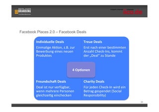 Facebook Places 2.0 – Facebook Deals

        Individuelle	
  Deals	
                    Treue	
  Deals	
  
        Einmalige	
  Ak,on,	
  z.B.	
  zur	
       Erst	
  nach	
  einer	
  bes,mmten	
  
        Bewerbung	
  eines	
  neuen	
              Anzahl	
  Check-­‐Ins,	
  kommt	
  
        Produktes	
                                der	
  „Deal“	
  zu	
  Stande	
  


                                          4	
  Op9onen	
  


        Freundscha2	
  Deals	
                     Charity	
  Deals	
  
        Deal	
  ist	
  nur	
  verfügbar,	
         Für	
  jeden	
  Check-­‐In	
  wird	
  ein	
  
        wenn	
  mehrere	
  Personen	
              Betrag	
  gespendet	
  (Social	
  
        gleichzei,g	
  einchecken	
                Responsibility)	
  
                                                                                                   23
 