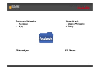 Facebook Webseite:   Open Graph
-  Fanpage           - eigene Webseite
-  App               - Shop




FB Anzeigen          FB Places




                        3                3
 