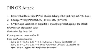 PIN OK Attack
1. Ensure that the offline PIN is chosen (change the first rule in CVM List)
2. Change Wrong PIN (0x6c32) to PIN OK (0x9000)
3. CVR (Card Verification Results) is meant to protect against the attack
9F10 (issuer application data)
Derivation key index 00
Cryptogram version number 12
Card verification results
Byte 2 Bit 8 = 0, Byte 2 Bit 7 = 0 AAC Returned in Second GENERATE AC
Byte 2 Bit 6 = 1, Byte 2 Bit 5 = 0 ARQC Returned in GPO/first GENERATE AC
Byte 2 Bit 1 = 1 Offline PIN Verification Successful
 