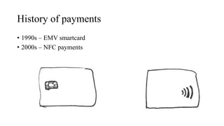 History of payments
• 1990s – EMV smartcard
• 2000s – NFC payments
 