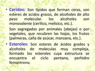 • Ceridos: Son lípidos que forman ceras, son
esteres de acidos grasos, de alcoholes de alto
peso molecular. los alcoholes son
monovalente (cerilico, melisico, etc.).
Son segregados por animales (abejas) o por
vegetales, que recubren las hojas, los frutos
(palmeras, caña de azúcar, manzana, etc.).
• Esteroles: Son esteres de ácidos grados y
alcoholes de moleculas muy compleja,
formado los esteroles cuya estructura se
encuentra el ciclo pentano, perhidro
femantreno.
 
