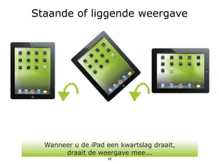 Staande of liggende weergave




  Wanneer u de iPad een kwartslag draait,
       draait de weergave mee...
                    10
 