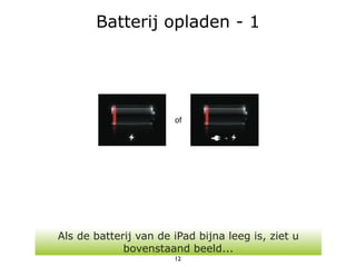 Batterij opladen - 1




Als de batterij van de iPad bijna leeg is, ziet u
             bovenstaand beeld...
                       12
 