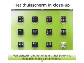 Het thuisscherm in close-up




Van dichterbij ziet het er zo uit...het scherm is
       ingedeeld in een aantal folders...
                       19
 