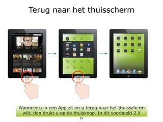 Terug naar het thuisscherm




Wanneer u in een App zit en u terug naar het thuisscherm
 wilt, dan drukt u op de thuisknop. In dit voorbeeld 2 X
                           23
 